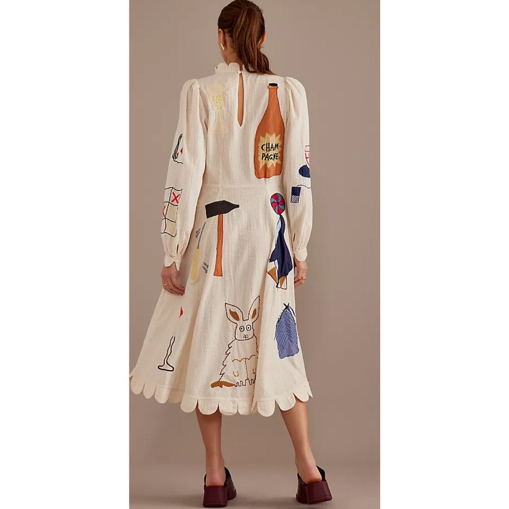 STELLA NOVA IVORY CIRCUS PRINTED APPLIQUE COTTON-SEERSUCKER MIDI DRESS SZ M US 8 - Picture 15 of 16